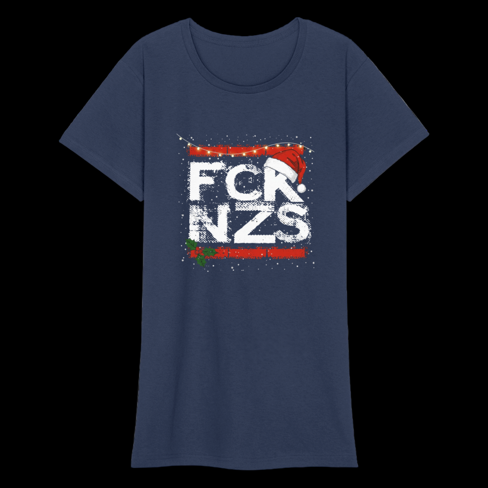 „Damen T-Shirt in Schwarz mit FCK NZS Weihnachtsdesign, Santa-Mütze und Holly-Dekor“