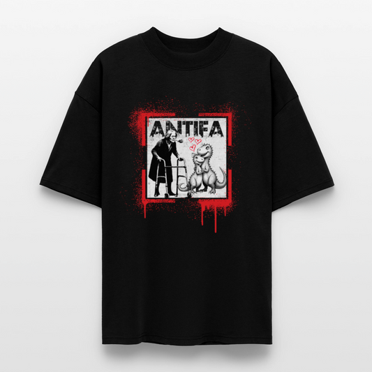 Schwarzes Oversized Bio T-Shirt mit ANTIFA-Dino-Motiv – Street-Art-Stil mit rotem Sprayrahmen, Unisex, fair produziert