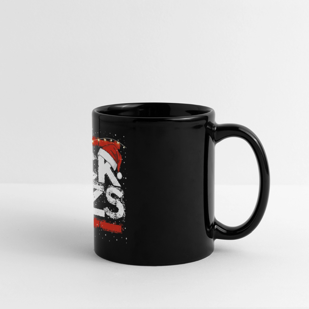 Kaffeetasse - Schwarzer Keramikbecher mit FCK NZS Schriftzug, Weihnachtsmütze, Lichterkette und festlichem Anti-Nazi Design - Schwarz