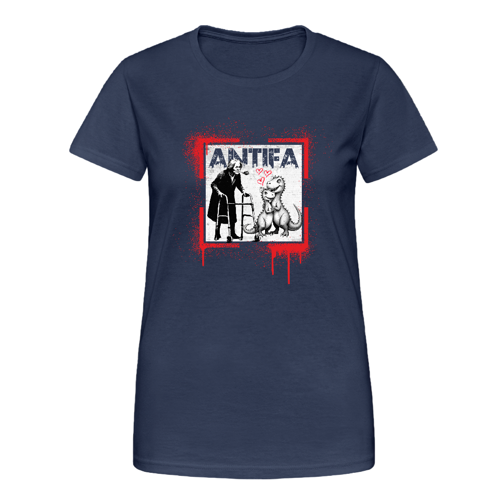 Damen T-Shirt mit grafischem Frontprint: Oben steht „ANTIFA“ in roter Schrift. Darunter zwei stilisierte Figuren – links eine vermummte Person mit Baseballschläger, rechts eine Figur mit Herzsymbol und tierischer Maske. Roter Splatter-Effekt umrahmt das Design. Das Motiv wirkt konfrontativ und symbolträchtig.- Navy