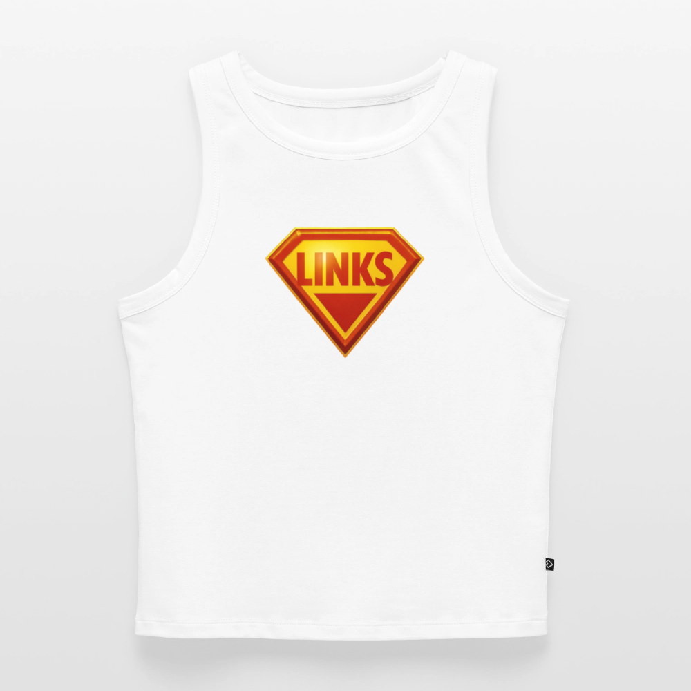 Tank Top mit Superman-ähnlichem ‚LINKS‘-Logo in Rot-Gelb, körpernaher Schnitt, Bio-Baumwolle mit Elastan“ - Weiß