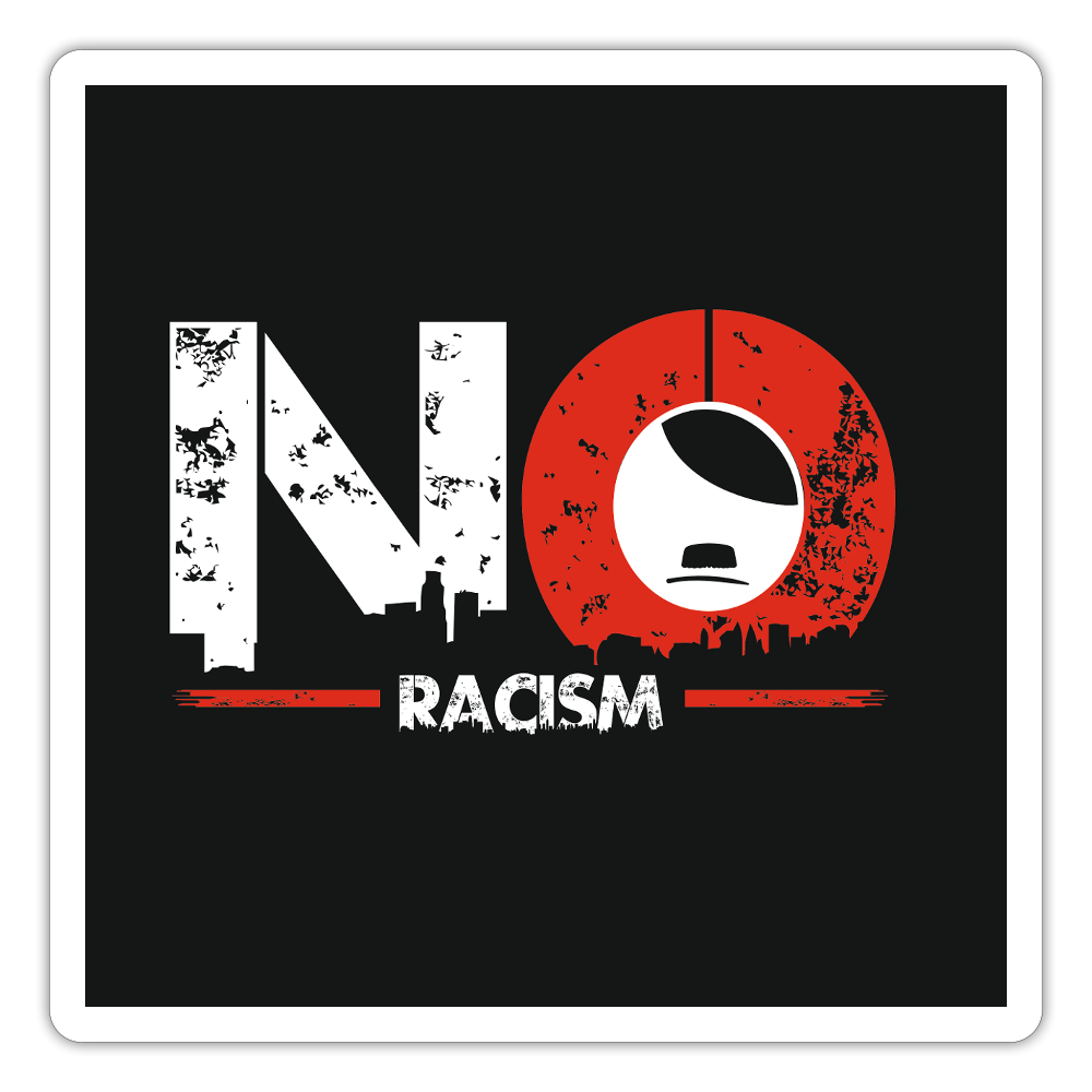 „Vinyl-Sticker mit Schriftzug ‚NO RACISM‘, Symbol im O, roter Unterstrich – wasserfest, konturgeschnitten, 100 µm PVC-Folie“
