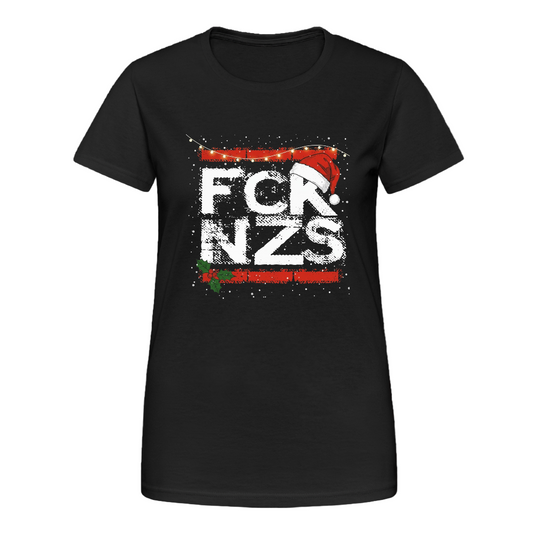 Damen T-Shirt in Schwarz mit FCK NZS Weihnachtsdesign, Santa-Mütze und Holly-Dekor