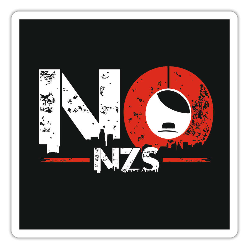 „Vinyl-Sticker mit Schriftzug ‚NO NZS‘, urbaner Symbolik und Stadtsilhouette – wasserfest, konturgeschnitten, 100 µm PVC-Folie“