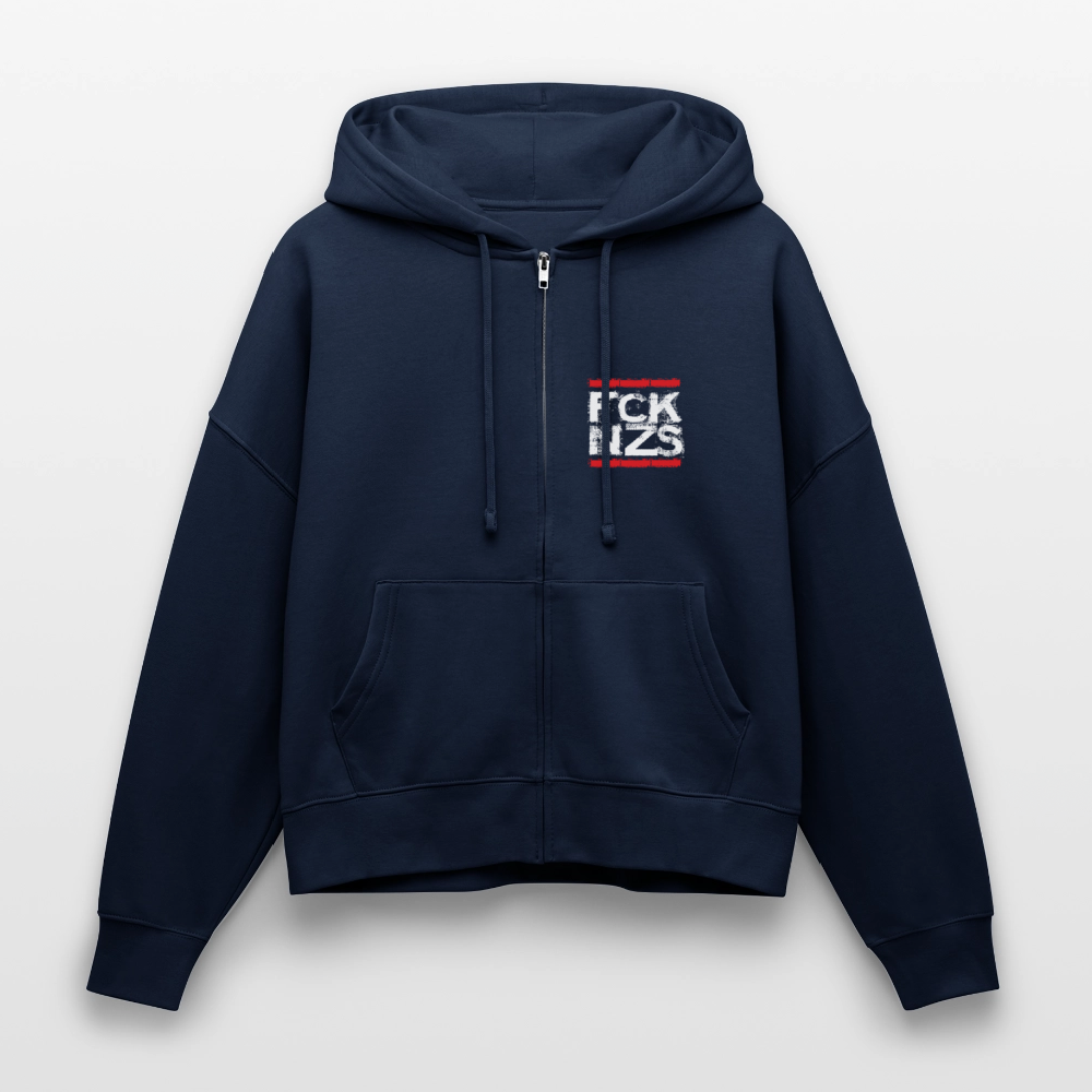 Navy Stanley/Stella Zip Hoodie mit weißem „FCK NZS“ Print im roten Rahmen. Boxy Fit, Bio-Baumwolle, doppelt gefütterte Kapuze, Seitentaschen.