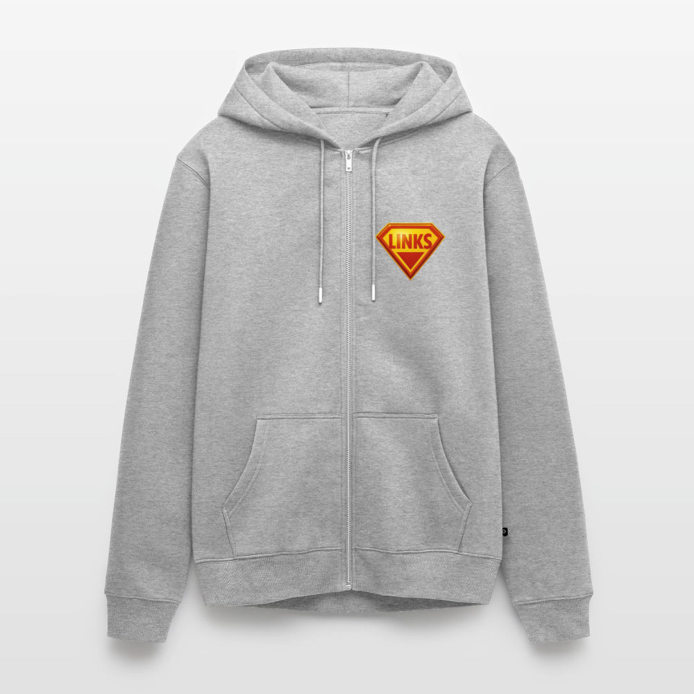 Grau meliert Premium Kapuzenjacke mit glänzendem „LINKS“-Logo im Superman-Stil. Kontrastkapuzenband, Fronttaschen, robuster Sweatstoff, aktivistisches Design.