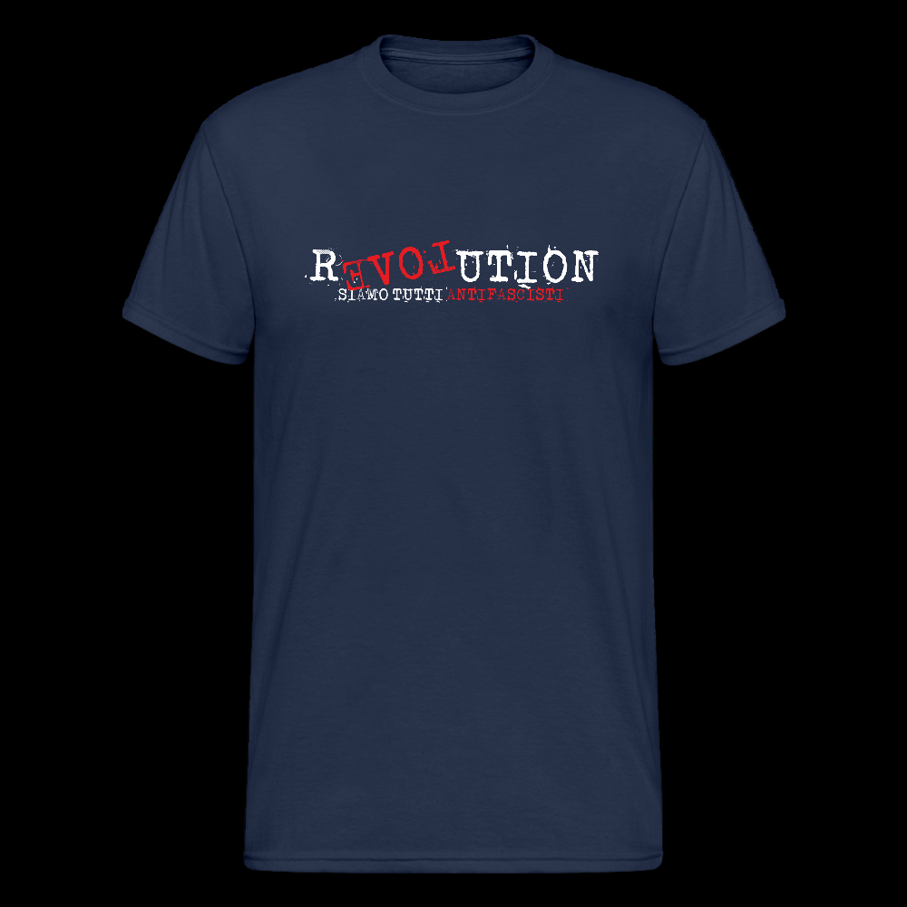 Navy „Schwarzes T-Shirt mit dem Wort REVOLUTION, wobei LOVE rückwärts und rot hervorgehoben ist, darunter der Schriftzug SIAMO TUTTI ANTIFASCISTI in Weiß und Rot.“