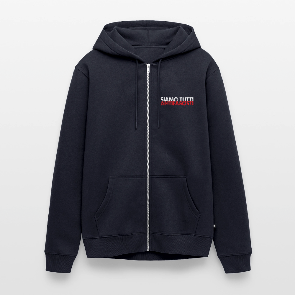 Premium Kapuzenjacke mit weiß-rotem Brustprint „SIAMO TUTTI ANTIFASCISTI“. Klassischer Schnitt, Kontrastkapuzenband, praktische Details für Alltag & Aktivismus.- Navy