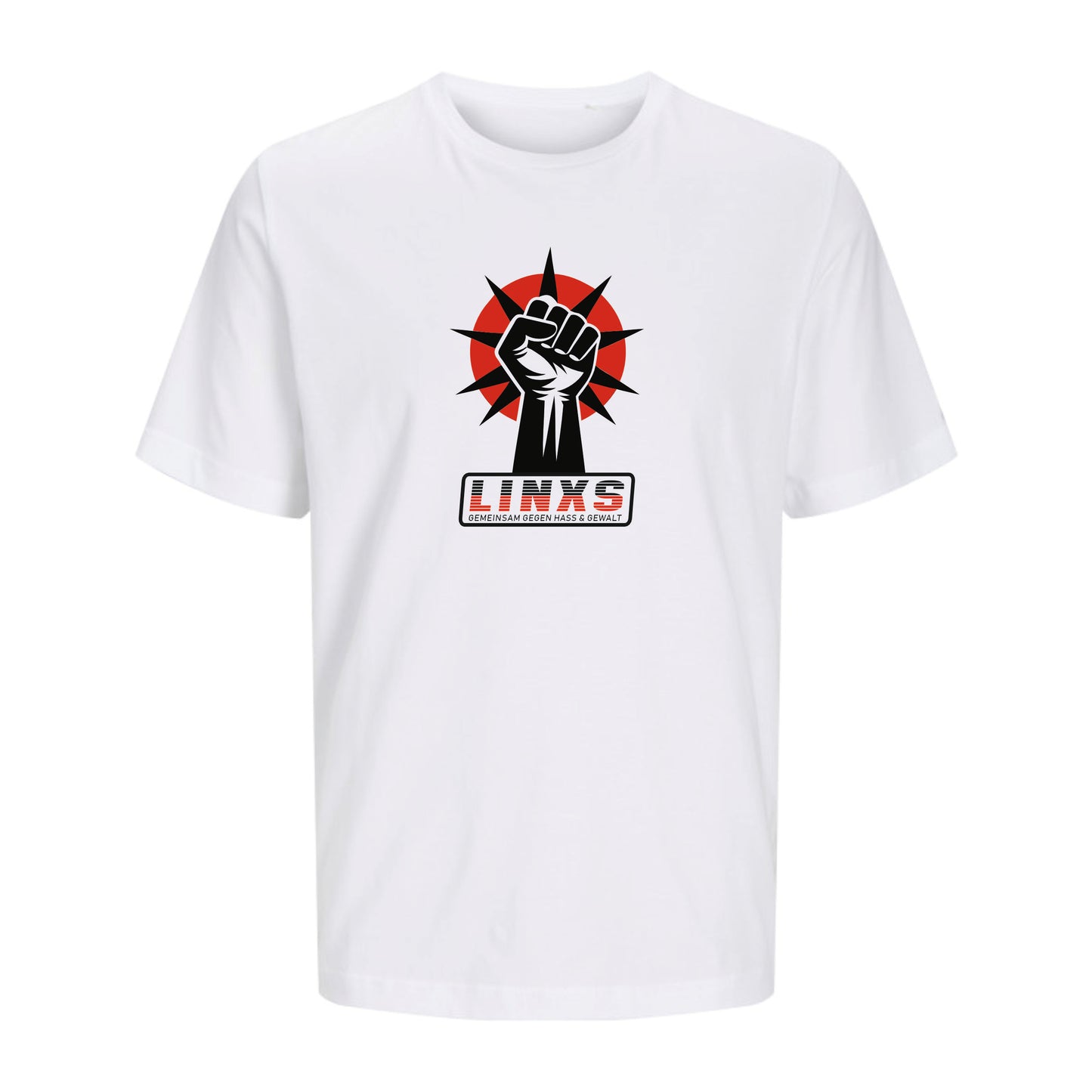 T-Shirt Herrein in weiß mit dem Aufdruck LINKS bedruckt mittels Siebdruck