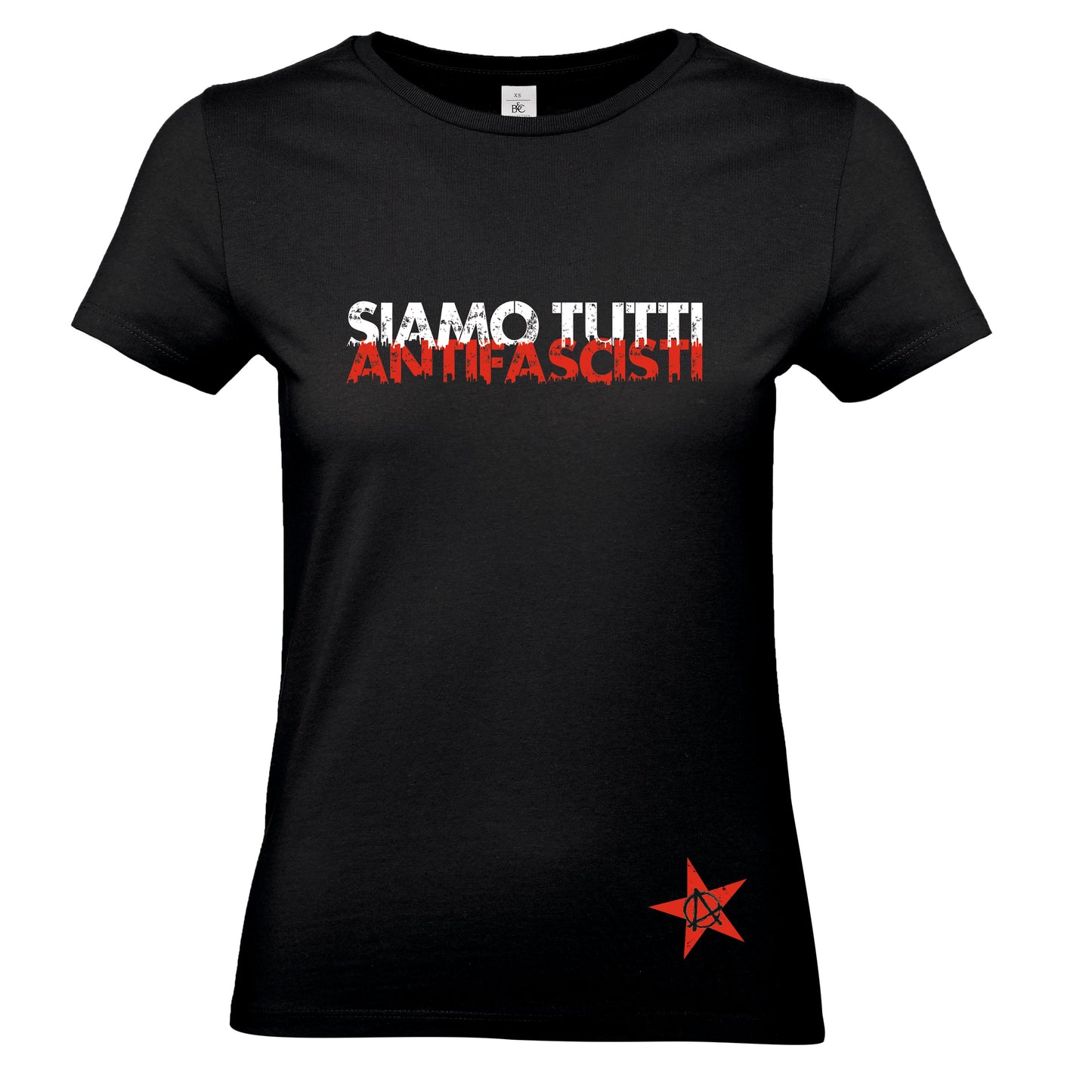 Schwarzes Damen-T-Shirt mit weiß-rotem Frontprint „SIAMO TUTTI ANTIFASCISTI“. Das Design transportiert eine klare antifaschistische Botschaft – schlicht, kraftvoll, politisch.