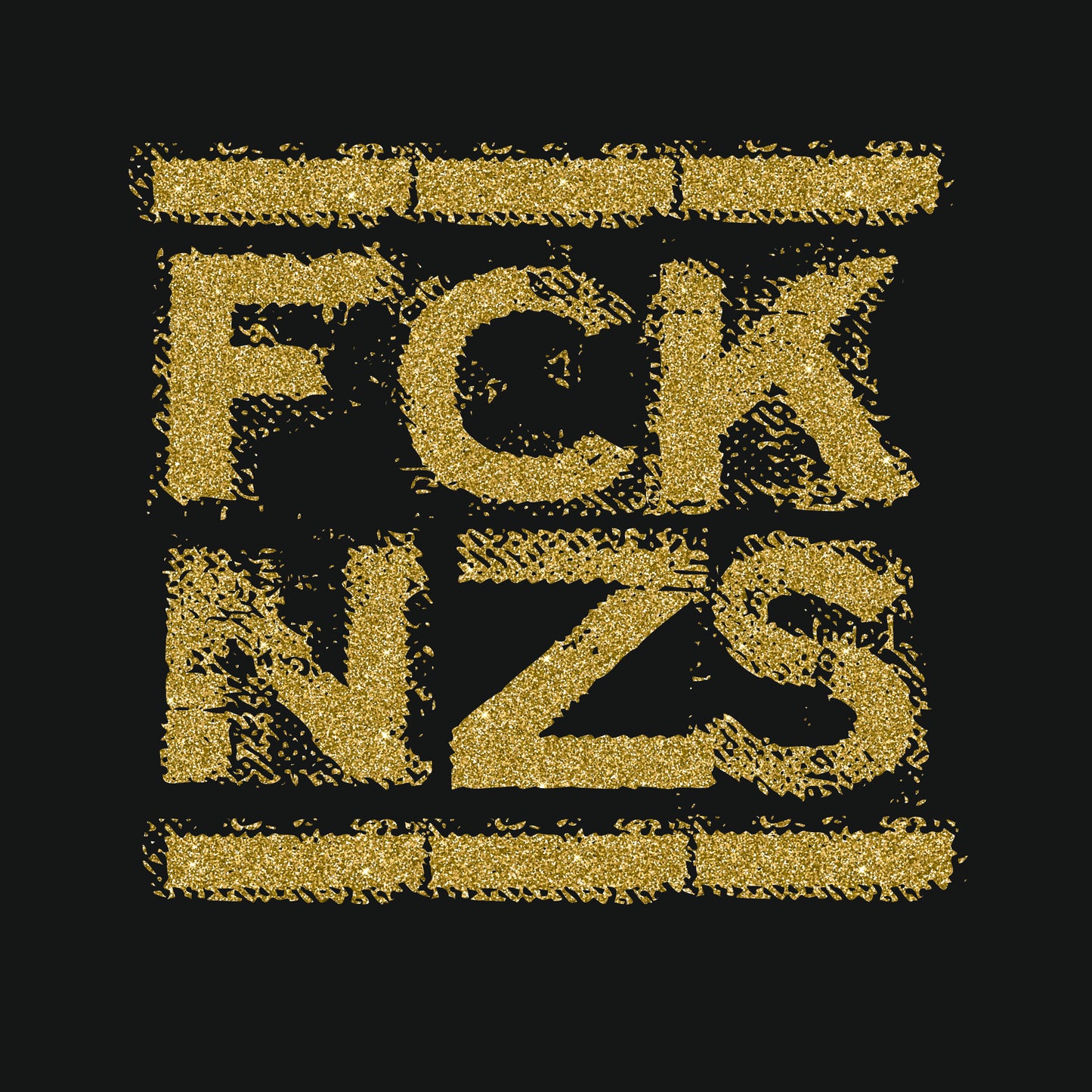 Druckansicht mit politischer Botschaft „FCK NZS“, glänzender Siebdruck in Gold auf Bio-Baumwolle