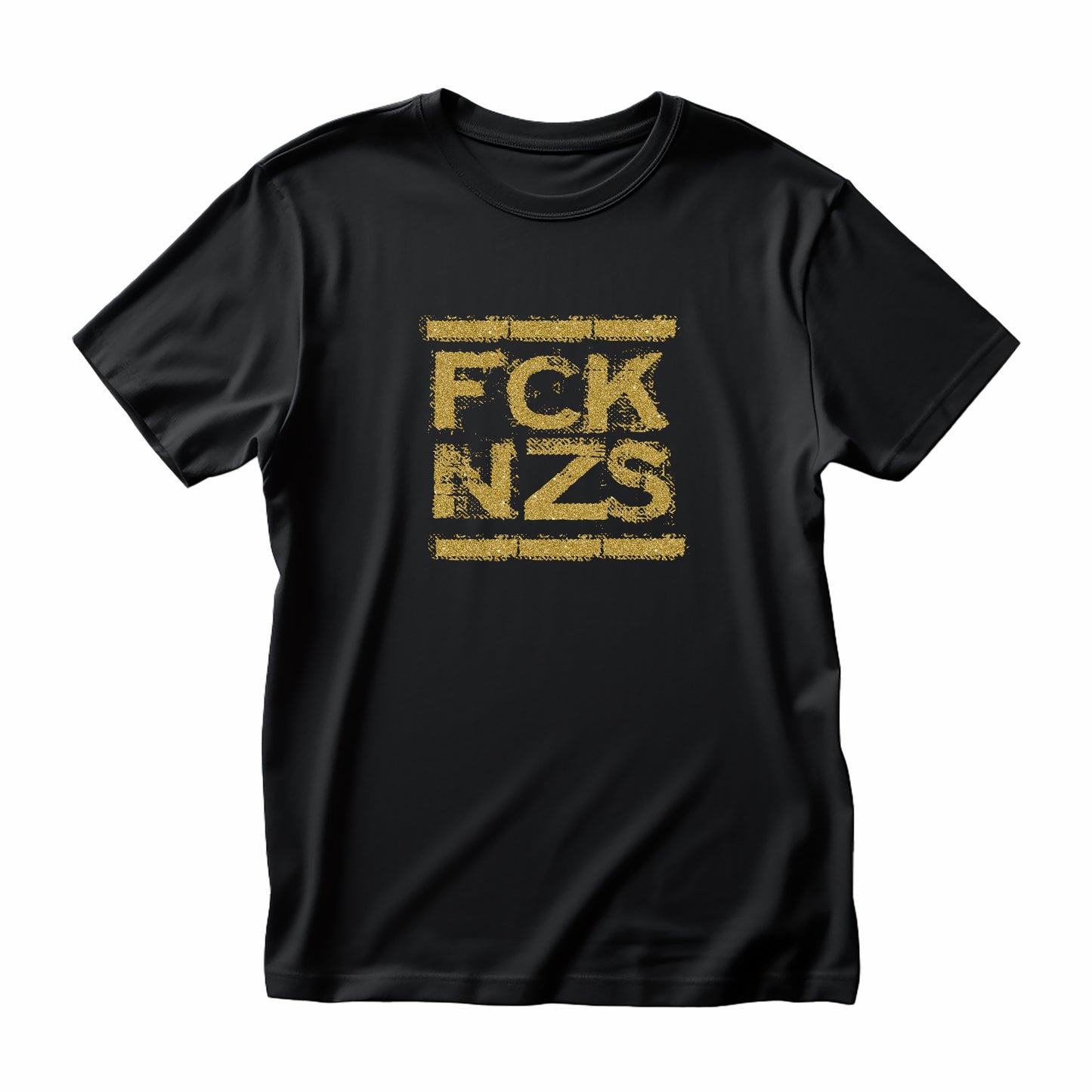T-Shirt mit politischer Botschaft „FCK NZS“, glänzender Siebdruck in Gold oder Silber auf Bio-Baumwolle