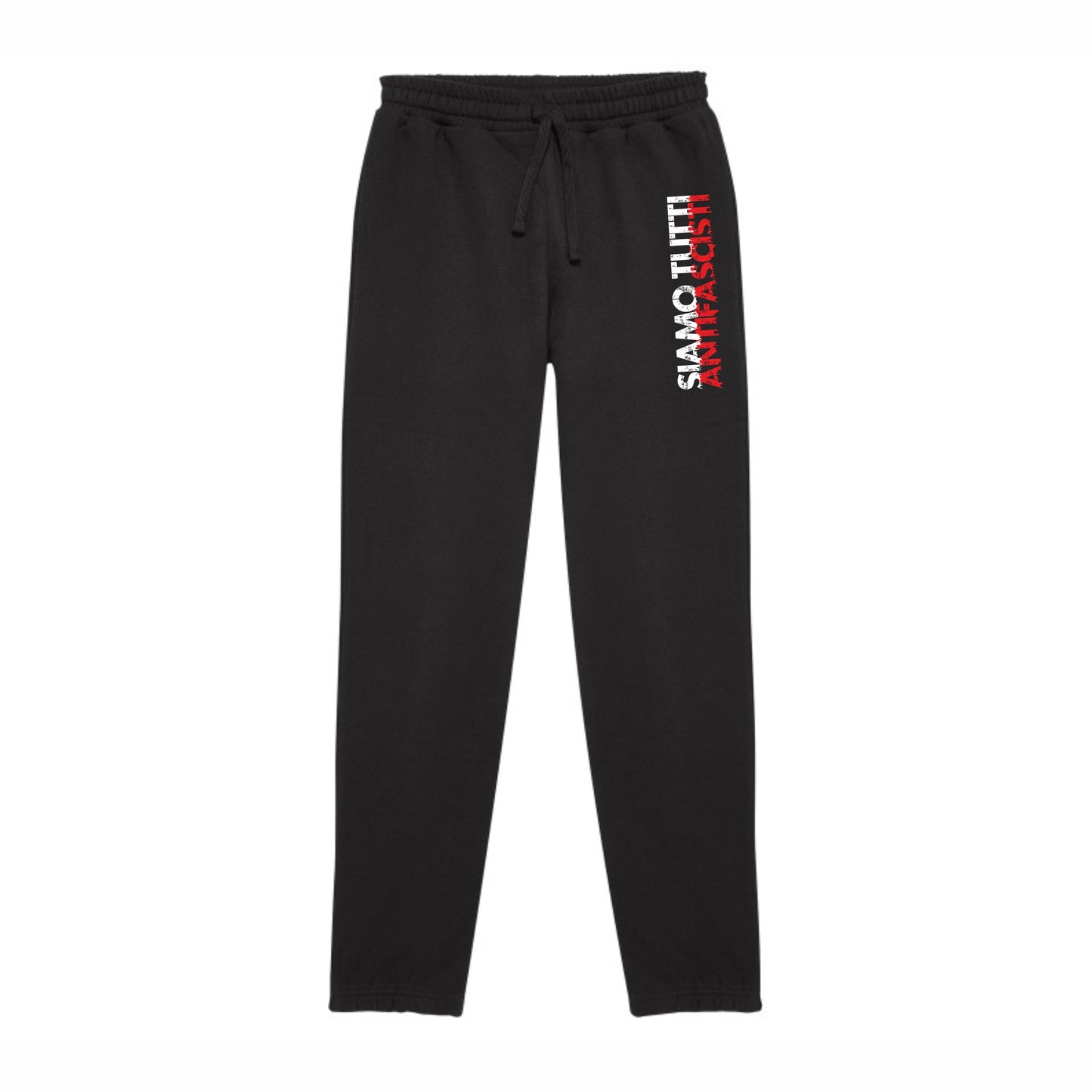 Schwarze Unisex-Jogginghose mit weißer Aufschrift „Siamo tutti antifascisti“ vorne. Fotografiert vor neutralem Hintergrund, gut sichtbar sind der elastische Bund mit Kordelzug und die seitlichen Taschen.