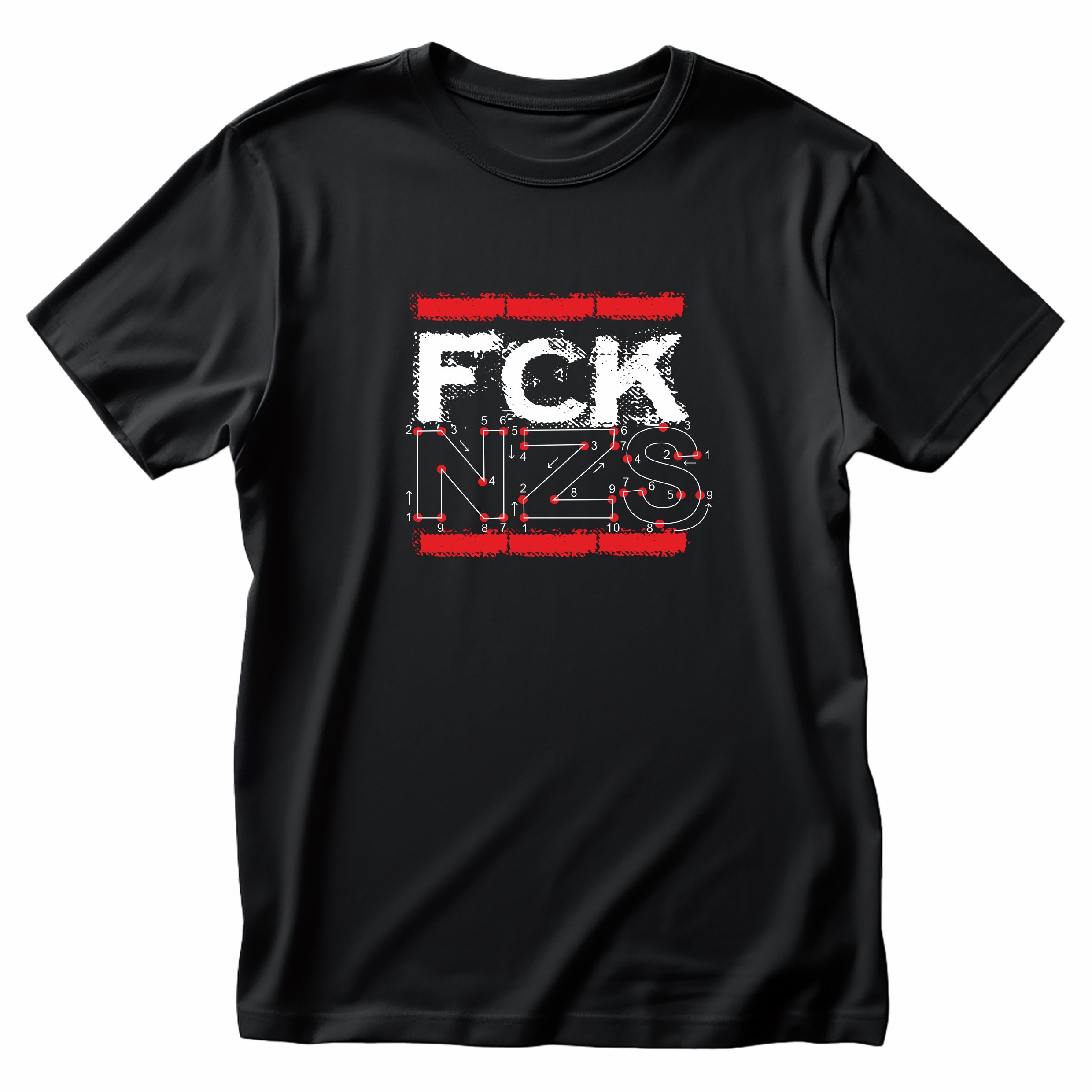 „Unisex T-Shirt mit Frontprint ‚FCK NZS – Zahlenbild‘, politisches Statement gegen Rechts. Schwarzes Shirt aus Bio-Baumwolle, Rundhalsausschnitt, hochwertiger Siebdruck, urbaner Style.“