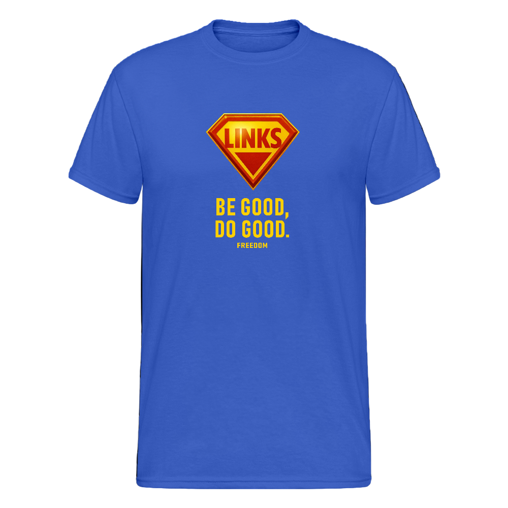 Unisex T-Shirt mit glänzendem „LINKS“-Logo im Superman-Stil und gelbem Slogan „BE GOOD, DO GOOD“. Rundhals, gerader Schnitt, aktivistisches Design.