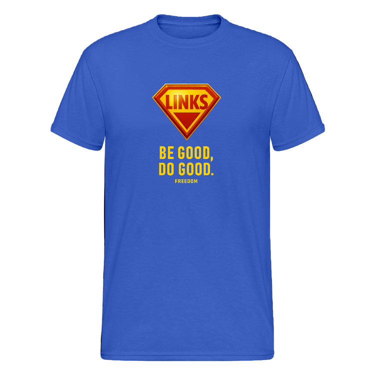 Unisex T-Shirt mit glänzendem „LINKS“-Logo im Superman-Stil und gelbem Slogan „BE GOOD, DO GOOD“. Rundhals, gerader Schnitt, aktivistisches Design.