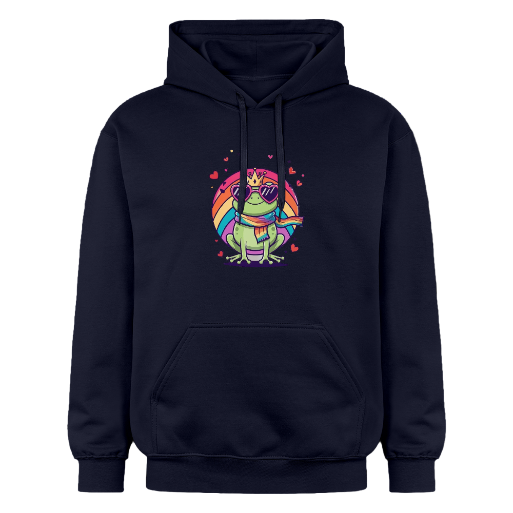 Hoodie mit cartoonartigem Frosch in Herzbrille, Krone und Regenbogenschwanz, Pride-Flagge in der Hand, umgeben von pinken Herzen“ - Navy