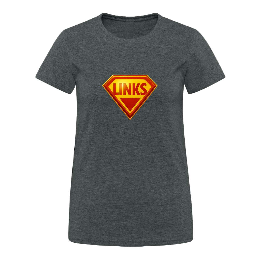 Damen-T-Shirt mit Superman-ähnlichem ‚LINKS‘-Logo in Rot-Gelb, körpernahe Passform, Rundhalsausschnitt“- Dunkelgrau meliert