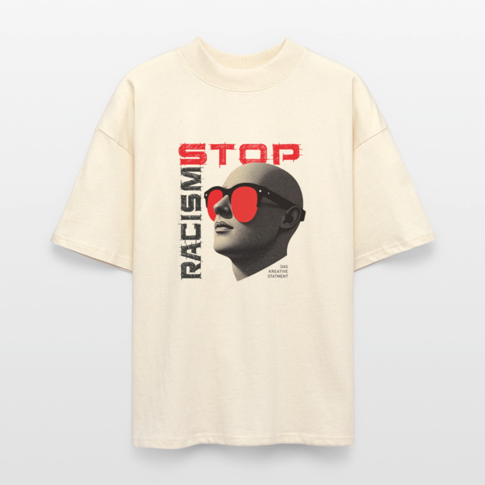 
Weißgraues Oversized Bio T-Shirt mit „Stop Racism“-Print – Unisex, fair produziert, Statement gegen Rassismus
