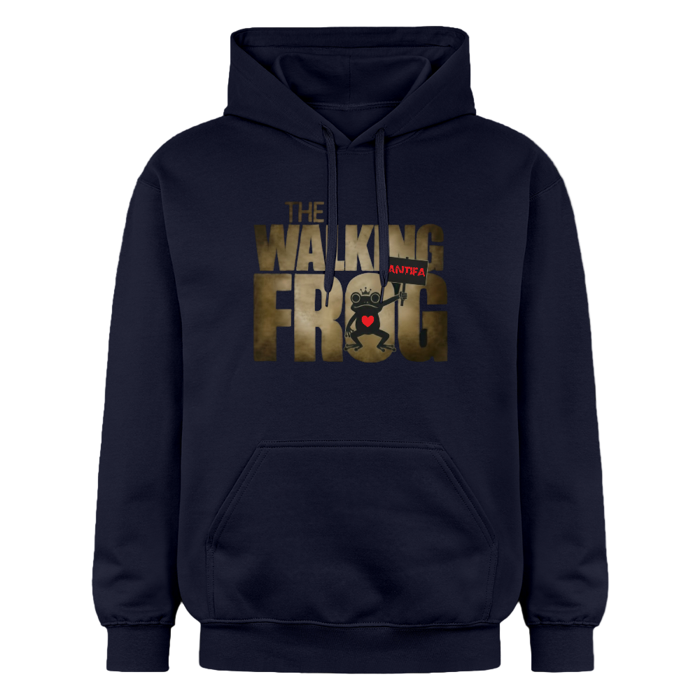 Hoodie mit Cartoon-Frosch und Schriftzug ‚THE WALKING FROG‘, rotes ‚ANTIFA‘ über dem G, distressed Typografie“- Navy