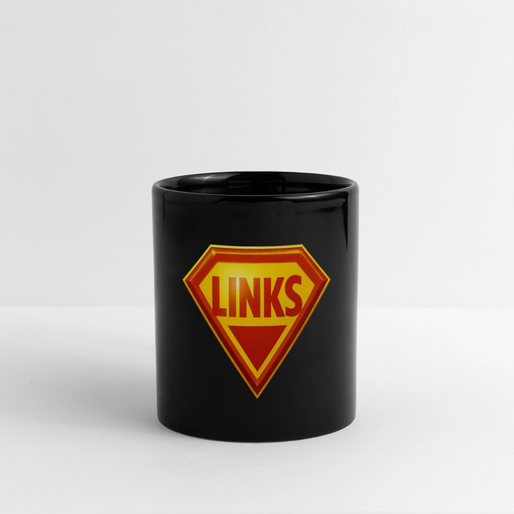 „Schwarze Keramiktasse mit Superman-ähnlichem ‚LINKS‘-Logo in Rot-Gelb, 325 ml, kratzfest und UV-beständig“