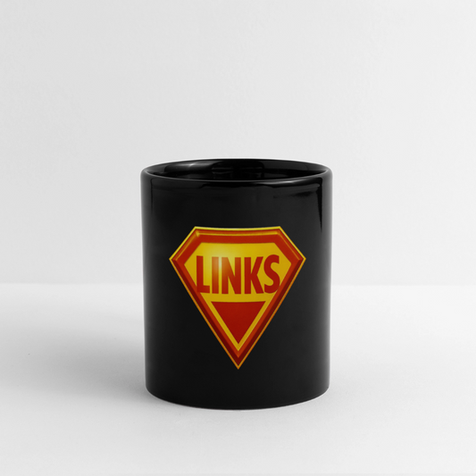 „Schwarze Keramiktasse mit Superman-ähnlichem ‚LINKS‘-Logo in Rot-Gelb, 325 ml, kratzfest und UV-beständig“