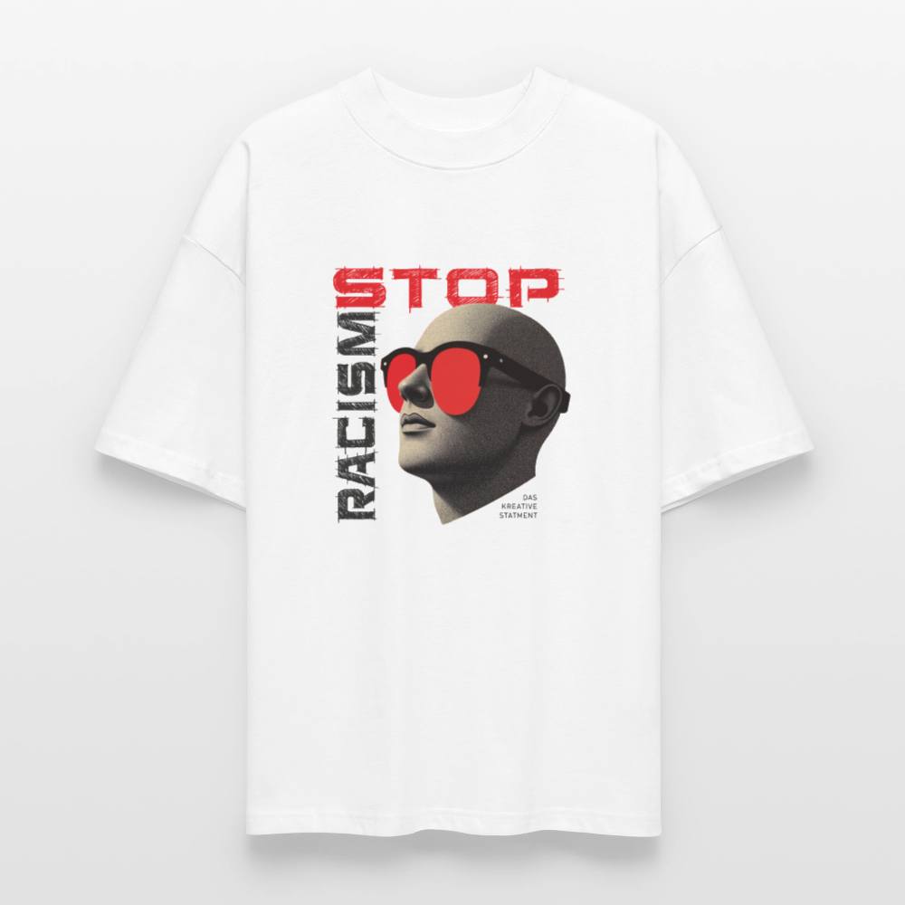 Weißgraues Oversized Bio T-Shirt mit „Stop Racism“-Print – Unisex, fair produziert, Statement gegen Rassismus
