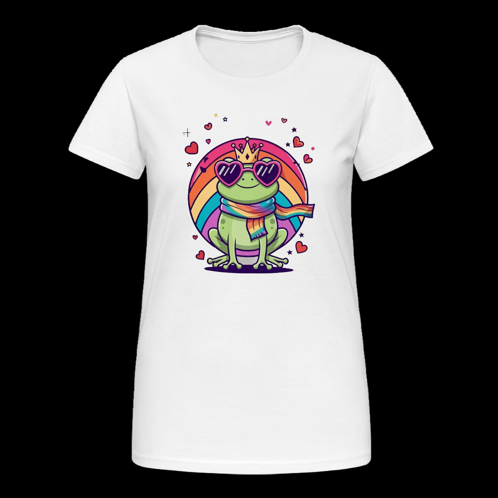 Damen T-Shirt mit farbenfrohem Frontprint: Ein grüner Cartoon-Frosch mit Krone, Regenbogenschal und herzförmiger Sonnenbrille sitzt in einem bunten Regenbogenkreis. Umgeben von pinken Herzchen strahlt das Design Lebensfreude, Vielfalt und queere Symbolik aus. - Weiß