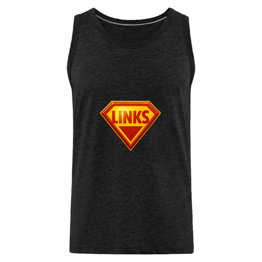 Anthrazit Premium Tank Top mit Superman-inspiriertem „LINKS“-Logo in Rot-Gelb. Ärmellos, sportlich geschnitten, aus Baumwolle, aktivistisches Design.