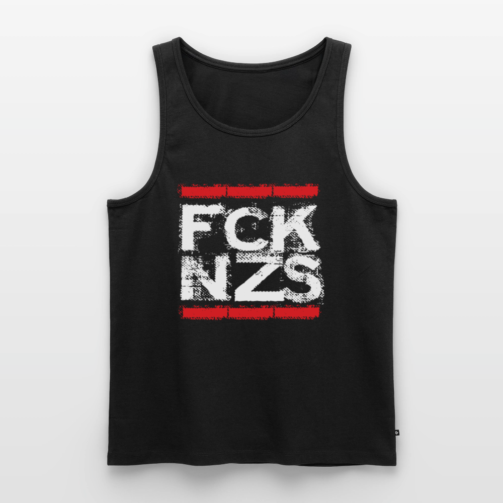 Schwarzes Tank Top mit weißem „FCK NZS“ Print im roten Balkenrahmen. Ärmellos, sportlich geschnitten, aus Baumwolle, auf hellem Hintergrund präsentiert.