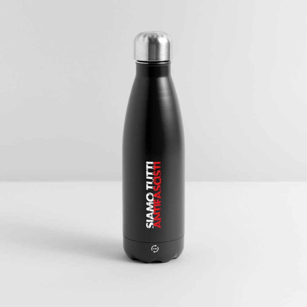 Schwarze Thermosflasche mit silbernem Schraubdeckel und vertikalem Print „SIAMO TUTTI ANTIFASCISTI“ in Weiß und Rot. Das Design setzt ein klares antifaschistisches Statement auf einem nachhaltigen Alltagsprodukt.
