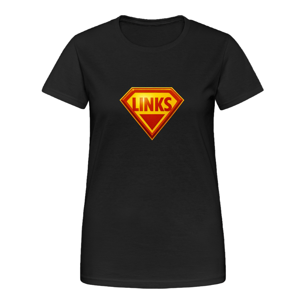 „Schwarzes Damen-T-Shirt mit Superman-ähnlichem ‚LINKS‘-Logo in Rot-Gelb, körpernahe Passform, Rundhalsausschnitt“