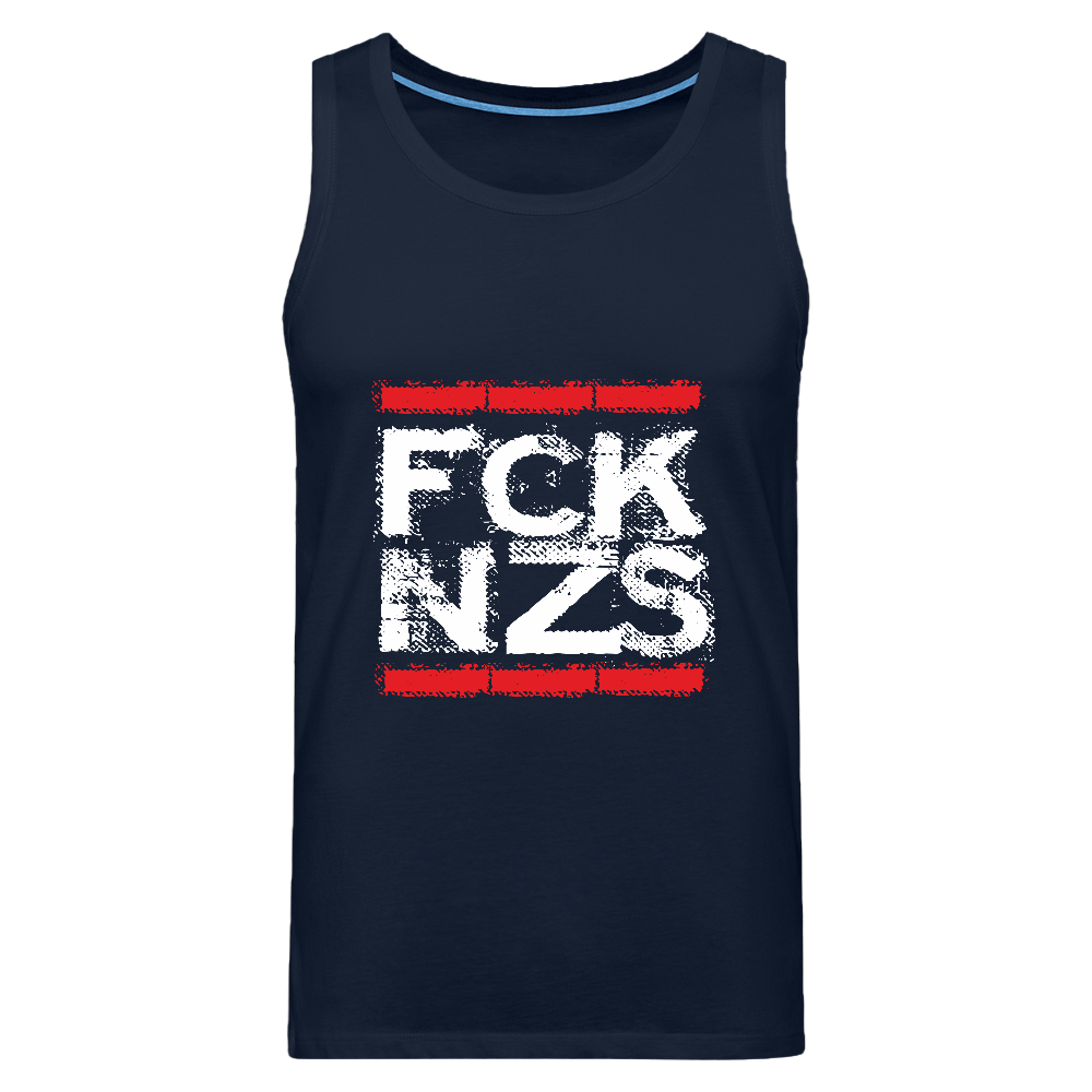 Navy Tank Top mit weißem „FCK NZS“ Print im roten Balkenrahmen. Ärmellos, sportlich geschnitten, aus Baumwolle, auf hellem Hintergrund präsentiert.