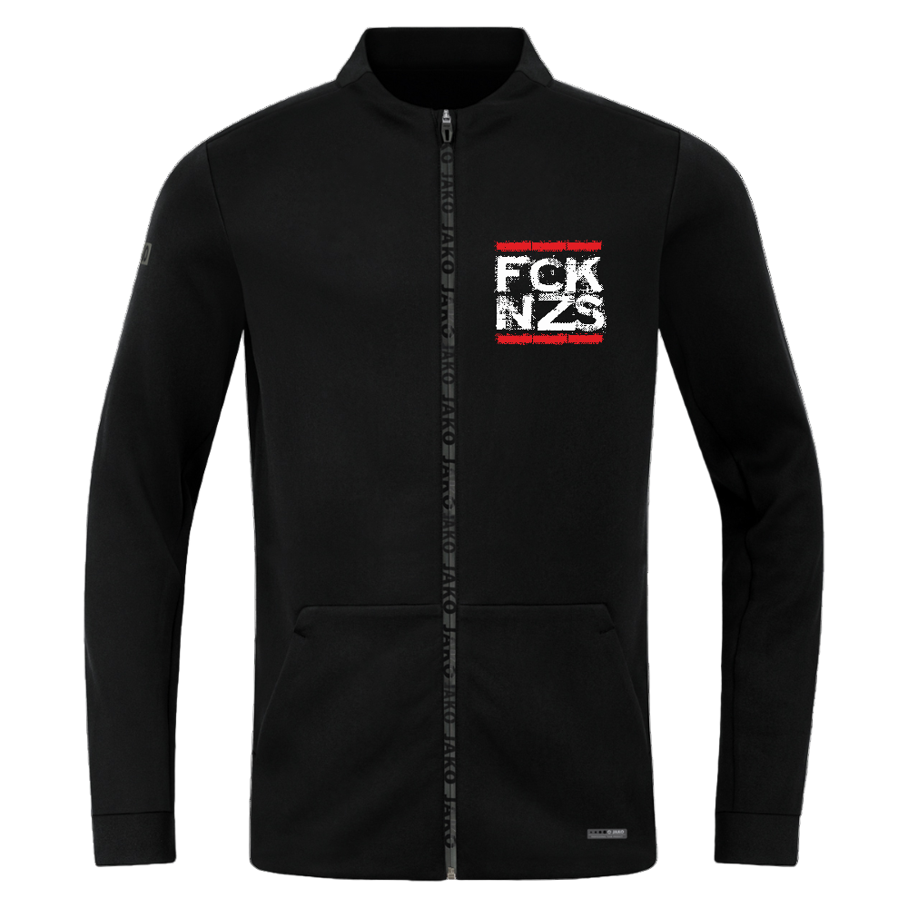 Schwarze JAKO Jacke mit weiß-rotem „FCK NZS“ Print auf der Brust und entlang des Reißverschlusses. Sportlicher Schnitt, Seitentaschen, tonales Branding.