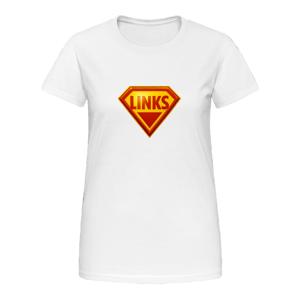 Damen-T-Shirt mit Superman-ähnlichem ‚LINKS‘-Logo in Rot-Gelb, körpernahe Passform, Rundhalsausschnitt - Weiß