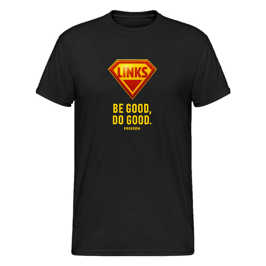 Unisex Gildan T-Shirt mit glänzendem LINKS-Logo im Superman-Stil und gelbem Slogan „BE GOOD, DO GOOD“ auf blauem Hintergrund.

