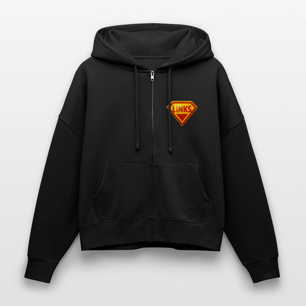 „Schwarzer Zip-Hoodie mit Superman-ähnlichem ‚LINKS‘-Logo auf der Brust, Boxy Fit, Bio-Baumwolle, Stanley/Stella“