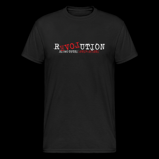 „Schwarzes T-Shirt mit dem Wort REVOLUTION, wobei LOVE rückwärts und rot hervorgehoben ist, darunter der Schriftzug SIAMO TUTTI ANTIFASCISTI in Weiß und Rot.“