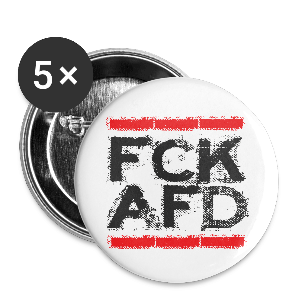 Runder Button mit „FCK AFD“ Print in Schwarz und Rot auf weißem Hintergrund. 5er-Pack, Sicherheitsnadel hinten, Spreadshirt Qualität.
