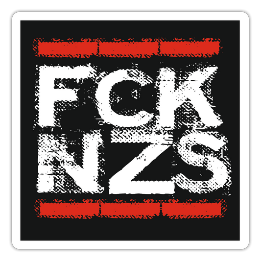 Sticker mit weißem „FCK NZS“ Print im roten Ziegelrahmen auf schwarzem Hintergrund. Vinyl, konturgeschnitten, wasserfest, 10 × 10 cm.