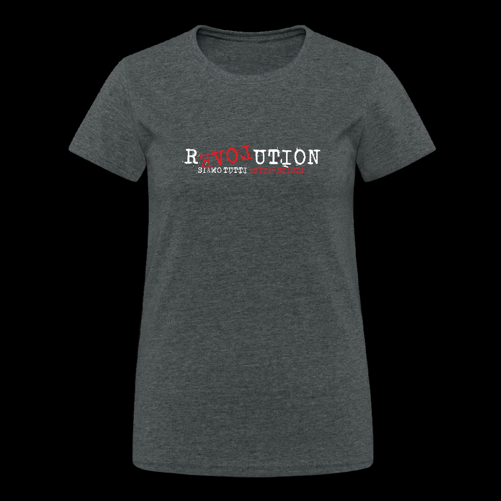 „Statement-Damen-T-Shirt mit REVOLUTION-Design, rotem LOVE im Schriftzug und antifaschistischer Botschaft Siamo tutti antifascisti.“

