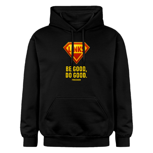 Unisex Hoodie mit glänzendem LINKS-Logo im Superman-Stil und gelbem Slogan „BE GOOD, DO GOOD“ – politisches Statement für Solidarität.

