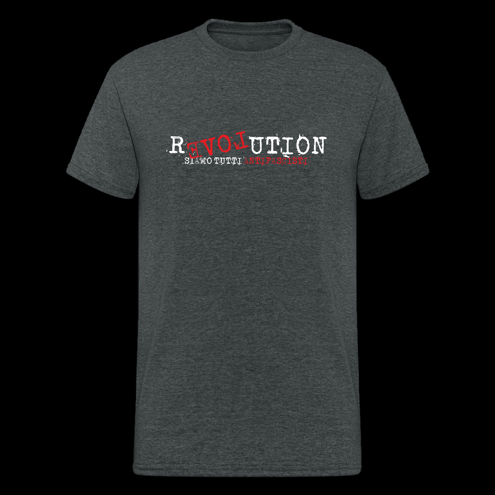 Dunkelgrau meliertes T-Shirt mit dem Wort REVOLUTION, wobei LOVE rückwärts und rot hervorgehoben ist, darunter der Schriftzug SIAMO TUTTI ANTIFASCISTI in Weiß und Rot.“