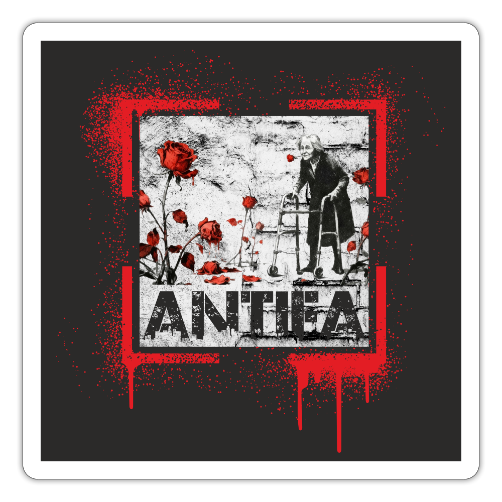 „Vinyl-Sticker mit Street-Art-Motiv ‚ANTIFA‘: ältere Person mit Gehhilfe, rote Rosen, Farbspritzer, schwarzer Schriftzug – wasserfest, konturgeschnitten“