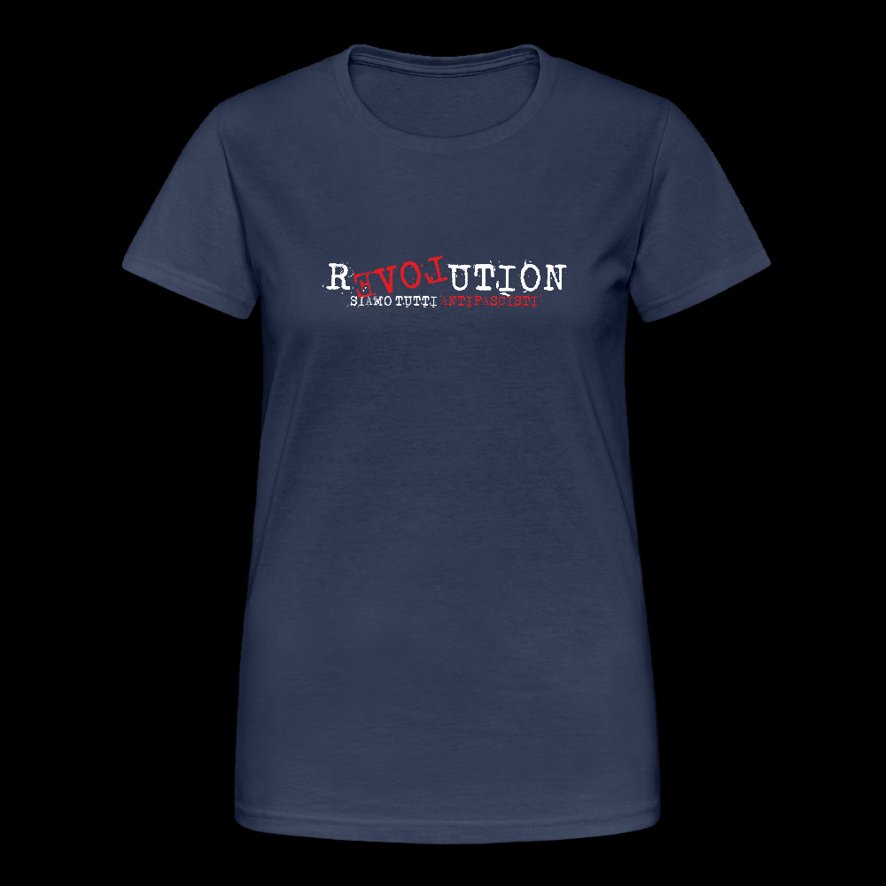 „Damen-T-Shirt aus 100% Baumwolle, gerader Schnitt, rundgewebter Stoff ohne Seitennähte, mit REVOLUTION-Print und antifaschistischem Statement.“