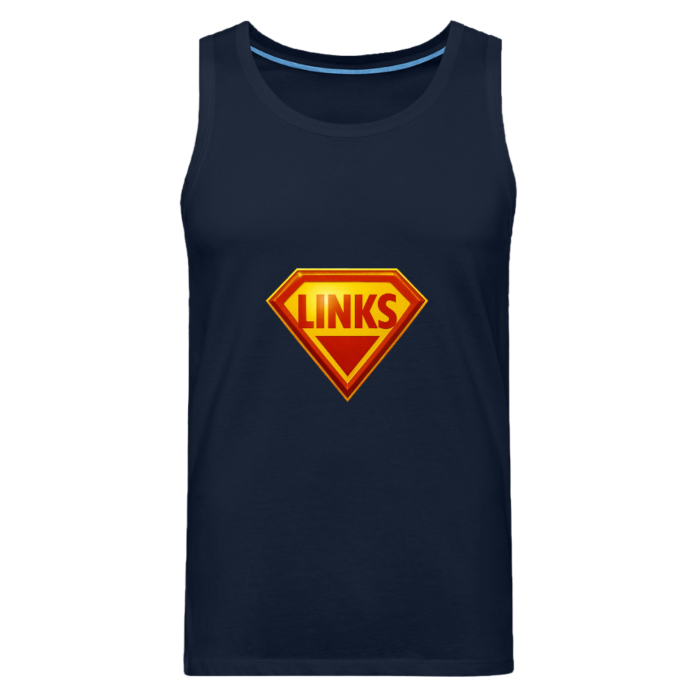 NavyPremium Tank Top mit Superman-inspiriertem „LINKS“-Logo in Rot-Gelb. Ärmellos, sportlich geschnitten, aus Baumwolle, aktivistisches Design.