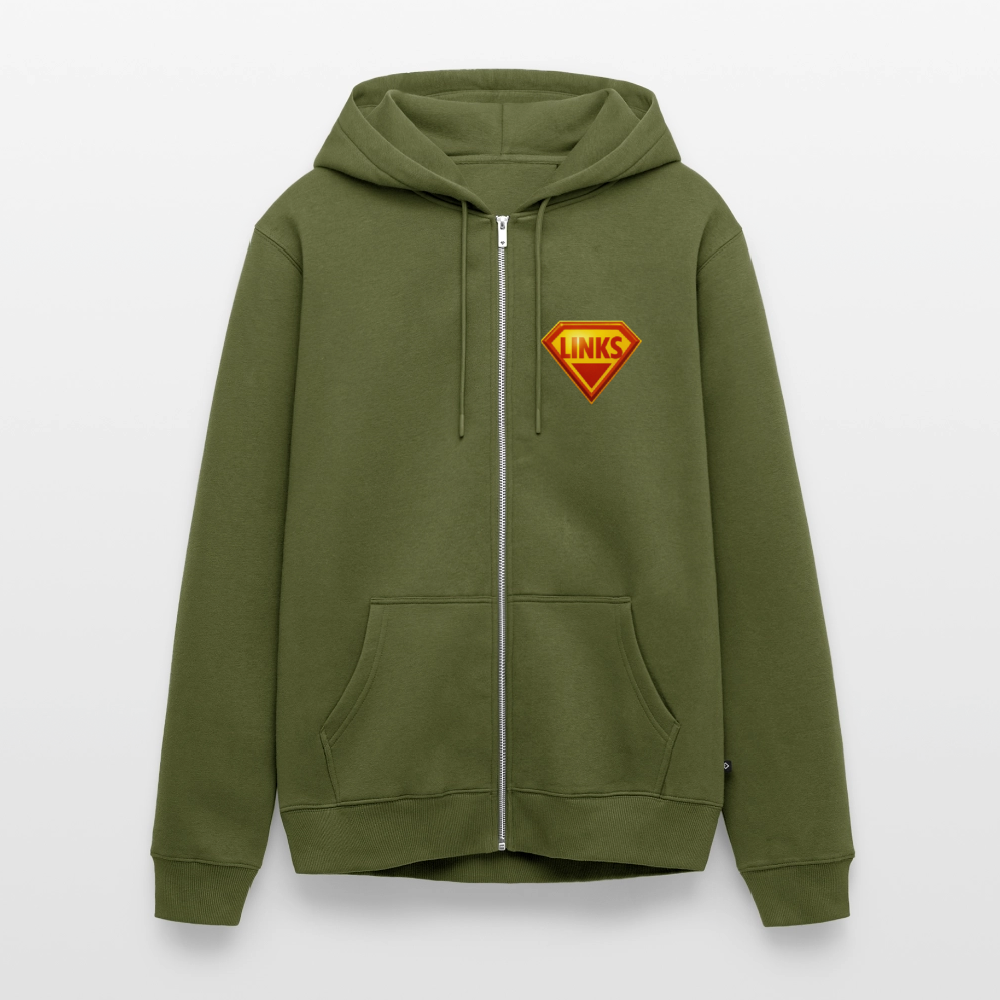 Khaki Premium Kapuzenjacke mit glänzendem „LINKS“-Logo im Superman-Stil. Kontrastkapuzenband, Fronttaschen, robuster Sweatstoff, aktivistisches Design.