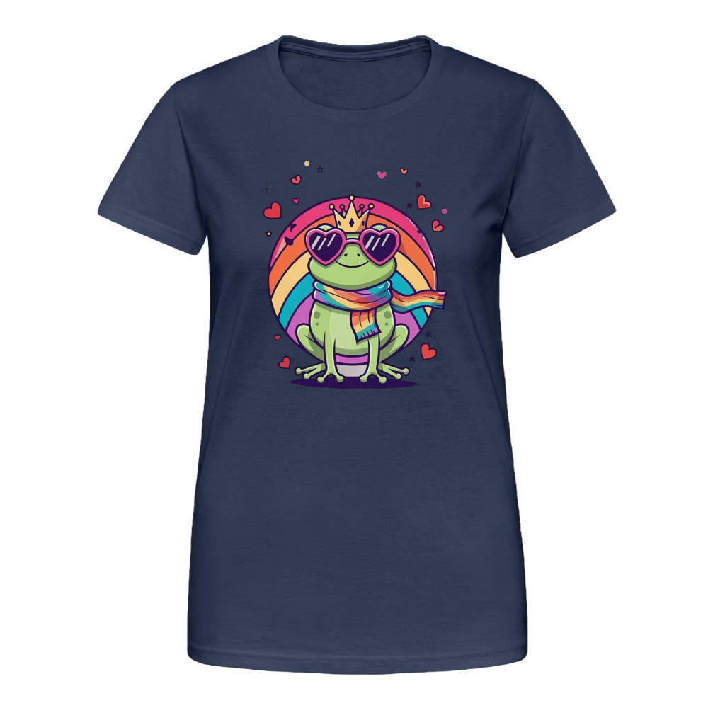 Damen T-Shirt mit farbenfrohem Frontprint: Ein grüner Cartoon-Frosch mit Krone, Regenbogenschal und herzförmiger Sonnenbrille sitzt in einem bunten Regenbogenkreis. Umgeben von pinken Herzchen strahlt das Design Lebensfreude, Vielfalt und queere Symbolik aus. - Navy