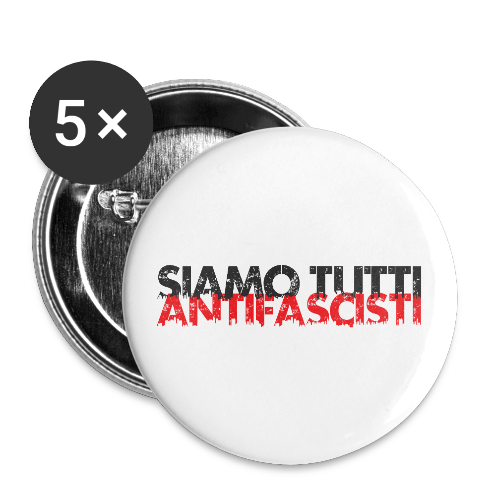 Buttons groß 56 mm (5er Pack) - Weiß Runde Buttons mit weiß-rotem Print „SIAMO TUTTI ANTIFASCISTI“ auf schwarzem Hintergrund. 56 mm Durchmesser, 5er Pack, metallisch glänzend mit Sicherheitsnadel.