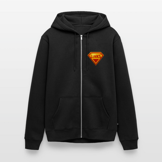 Schwarze Premium Kapuzenjacke mit glänzendem „LINKS“-Logo im Superman-Stil. Kontrastkapuzenband, Fronttaschen, robuster Sweatstoff, aktivistisches Design.